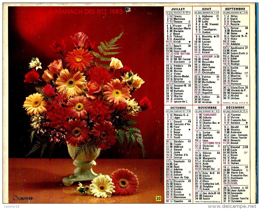 ALMANACH DES P.T.T 1983 (57)   -  Complet 2 VUES ** FLEURS EN VASES ** Calendrier * OBERTHUR * N° 30 - Tamaño Grande : 1981-90