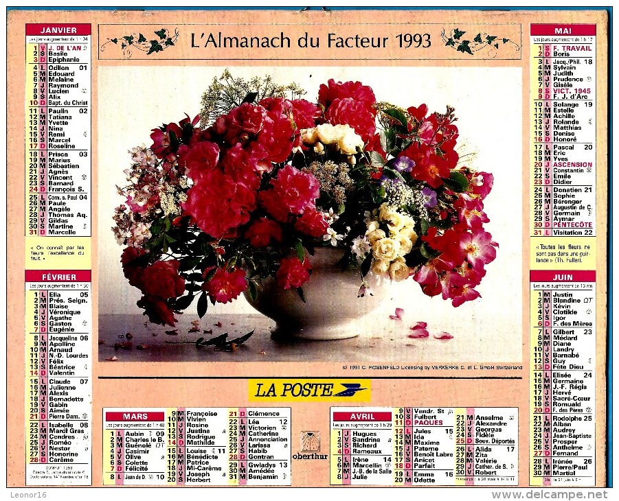 ALMANACH DES P.T.T 1993 (57)   -  Complet 2 VUES ** FLEURS EN VASES De C. ROSENFELD ** Calendrier * OBERTHUR * N° A23 - Grand Format : 1991-00