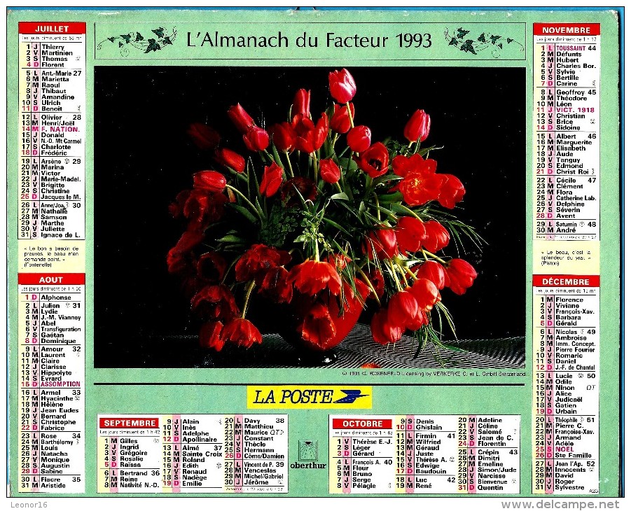 ALMANACH DES P.T.T 1993 (57)   -  Complet 2 VUES ** FLEURS EN VASES De C. ROSENFELD ** Calendrier * OBERTHUR * N° A23 - Grand Format : 1991-00