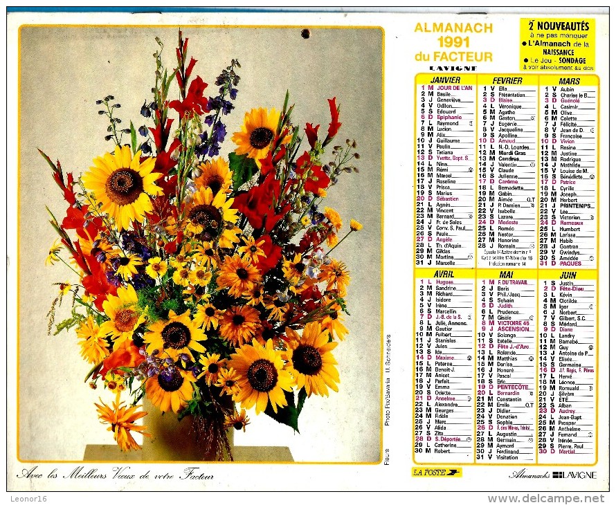 ALMANACH DES P.T.T 1991 (57)   -  Complet 2 VUES ** FLEURS EN VASES  ** Calendrier * LAVIGNE * - Grand Format : 1991-00