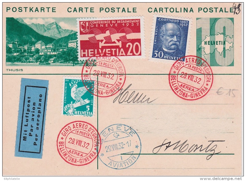 SUISSE 1932 ENTIER POSTAL CARTE VOL BELLINZONE-GENEVE - Interi Postali