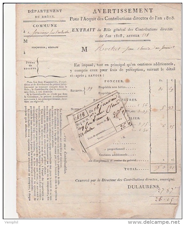 CONTRIBUTIONS DIRECTES DE L'AN 1818  -COMMUNE DE SOURCIEUX PAR L"ARBRESLE -RHONE - Ohne Zuordnung