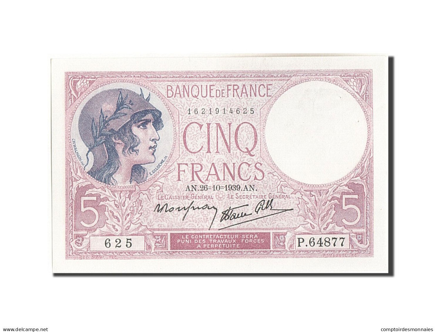 Billet, France, 5 Francs, 5 F 1917-1940 ''Violet'', 1939, 1939-10-26, SUP+ - 5 F 1917-1940 ''Violet''