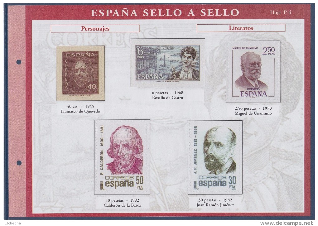 = Sello A Sello Espagne Bloc 5 Timbres Neufs Retirage Personajes Literatos Hoja P-4 Feuillet 319382 - Blocs & Hojas