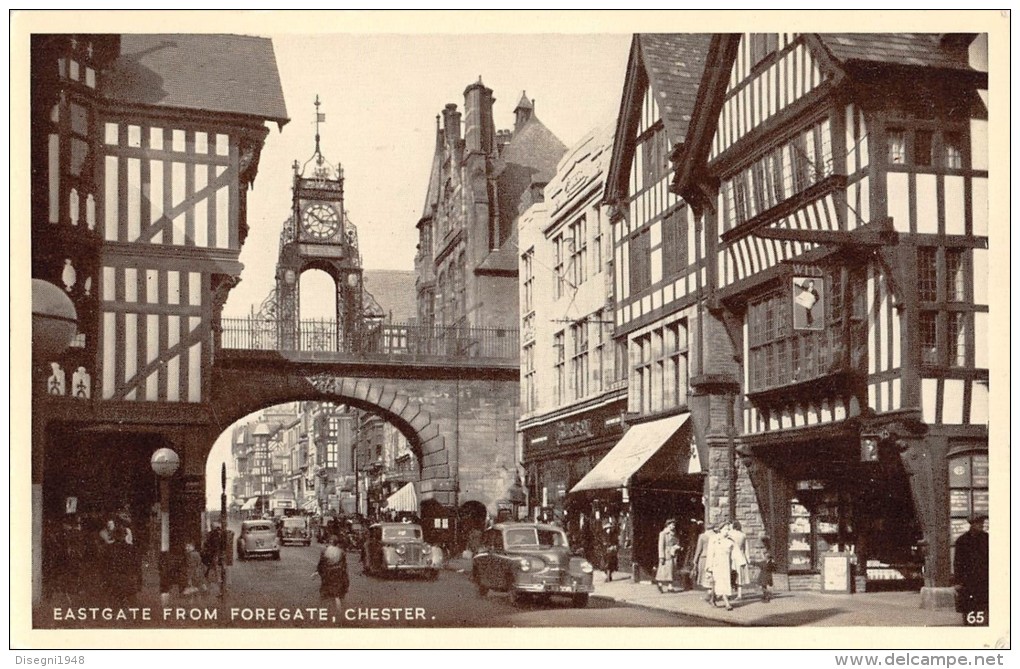 05017 "U. K.- ENGLAND - CESHIRE  - CHESTER - EASTGATE F. FOREGATE" ANIMATA, AUTO ANNI '50. CART. POST. ORIG. NON SPEDITA - Chester