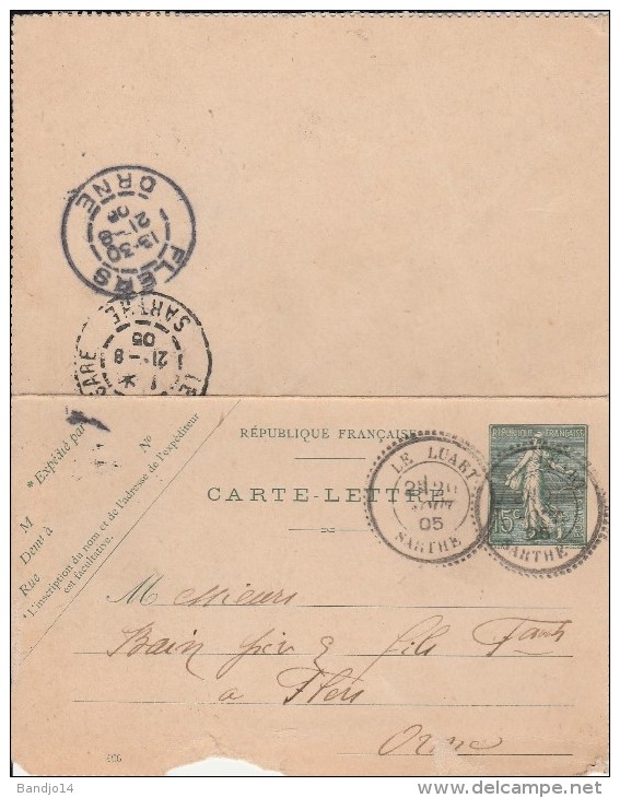 Le Luart (sarthe) -  Cachet Type 25 Sur Entier Postal :  Carte Lettre 15c Semeuse Lignée - - Cartes-lettres