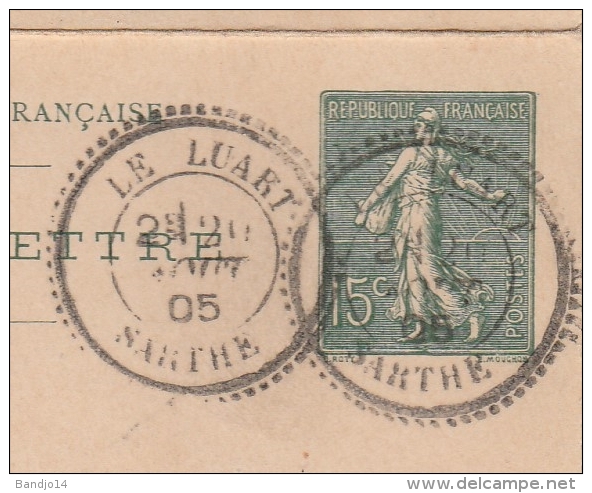 Le Luart (sarthe) -  Cachet Type 25 Sur Entier Postal :  Carte Lettre 15c Semeuse Lignée - - Cartes-lettres