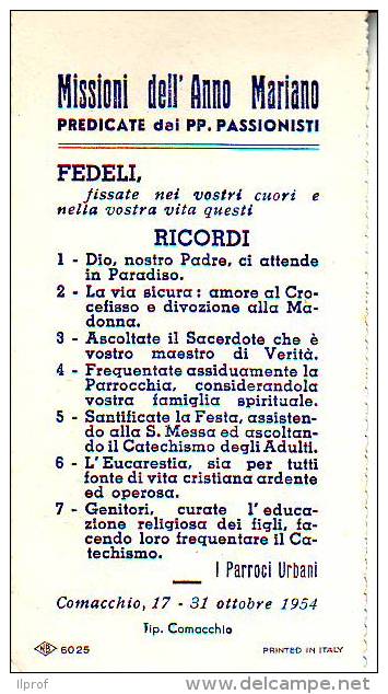 Comacchio 1954"Missioni Anno Mariano"   Santino Con Preghiera - Religione & Esoterismo