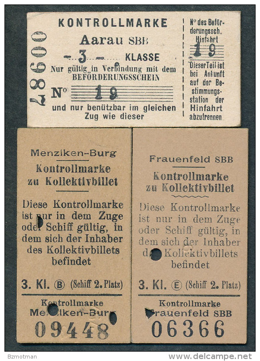 AR282 3 Fahrkarte Kontrollmarke Aarau SBB Frauenfeld SBB Menziken-Burg - Europa