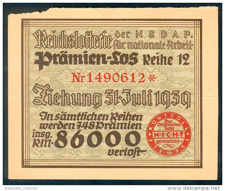 Deutschland, Germany - " REICHSLOTTERIE ", ORIGINAL - PRÄMIENSCHEIN, 1939 ! - Sonstige & Ohne Zuordnung