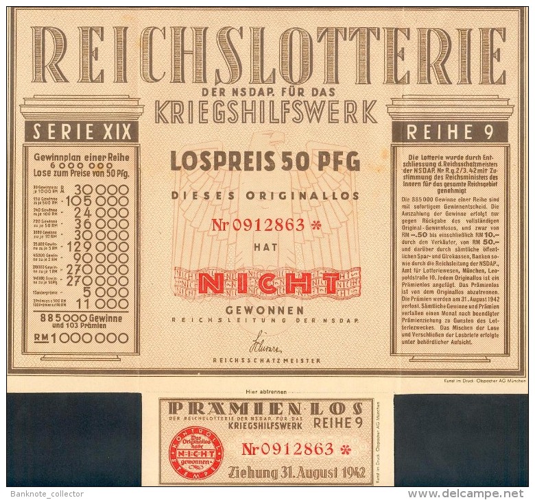 Deutschland, Germany - " REICHSLOTTERIE ", KRIEGSHILFSWERK, 1942 ! - Lotterielose