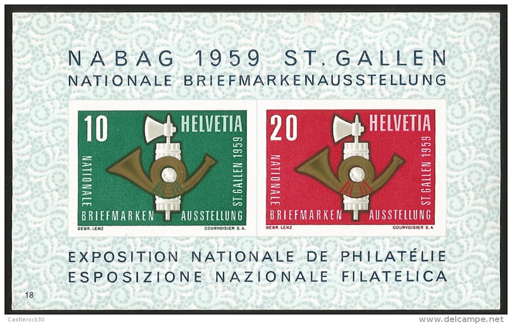 E)1959 SWITZERLAND, NABAG-  ST GALLEN,  NATIONAL PHILATELIC EXHIBITION, IMPERFORATED, SOUVENIR SHEET, MNH - Blokken