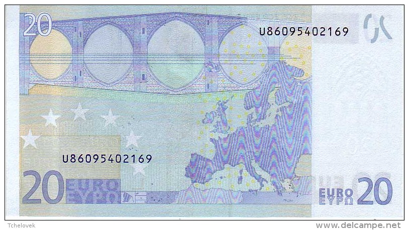 20 Euros 2002 Serie U, L087A2, N° U 86095402169,  Signature 3 Mario Draghi UNC - 20 Euro