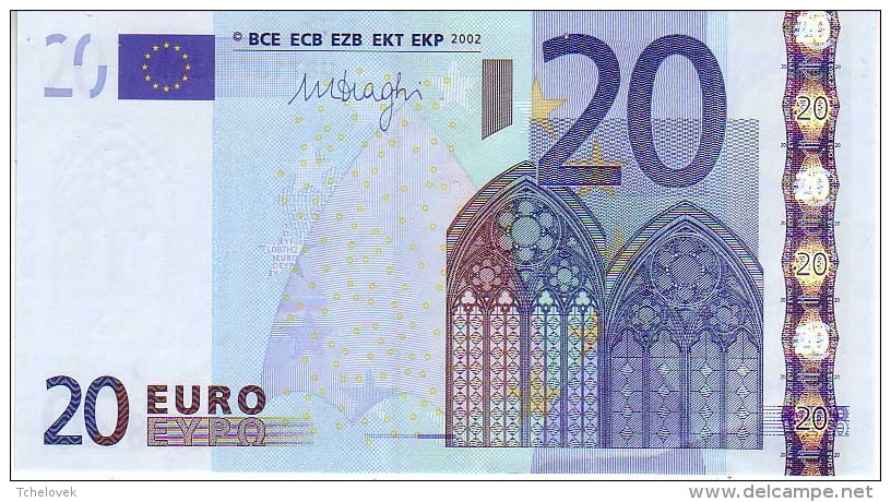 20 Euros 2002 Serie U, L087H2, N° U 87167743043,  Signature 3 Mario Draghi UNC - 20 Euro