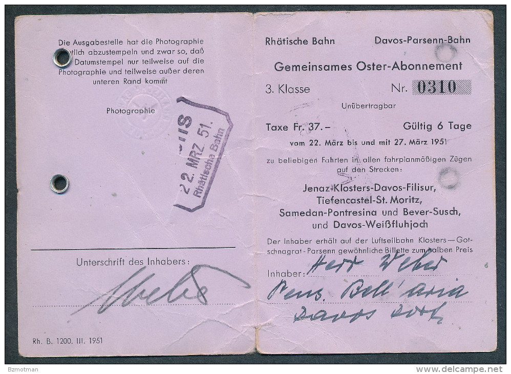 AR251 RhB DPB 3rd Cl Gemeinsames Oster Abonnement 1951 - Europe