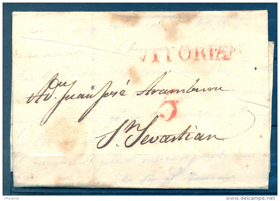 1826 , VITORIA , CARTA CIRCULADA A SAN SEBASTIAN , TIZÓN Nº 15 EN ROJO - ...-1850 Préphilatélie