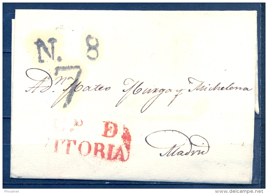 1827 , VITORIA , CARTA CIRCULADA A MADRID , TIZÓN Nº 15 EN ROJO , FECHADOR DE MADRID - ...-1850 Prefilatelia