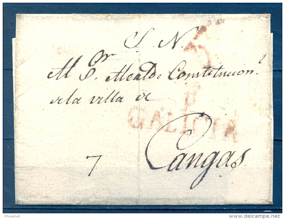 1820 - 26 , PONTEVEDRA , ENVUELTA CIRCULADA ENTRE PONTEVEDRA Y CANGAS , MARCA TIZÓN Nº 11 - ...-1850 Prefilatelia