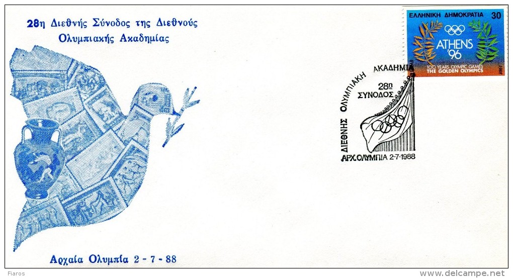 Greece- Greek Commemorative Cover W/ "International Olympic Academy: 28th Session" [Ancient Olympia 2.7.1988] Postmark - Postal Logo & Postmarks