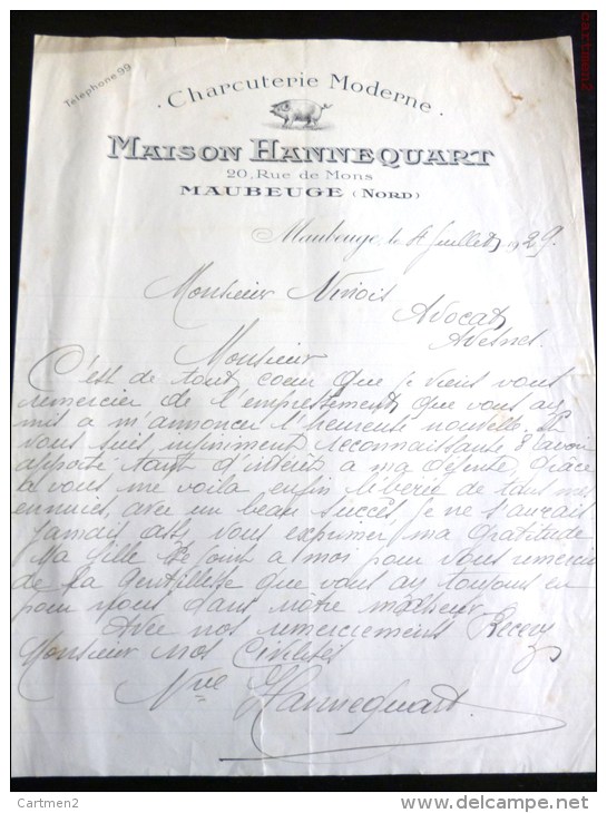 MAUBEUGE FACTURE CHARCUTERIE MODERNE MAISON HANNEQUART 20 RUE DE MONS - Otros & Sin Clasificación