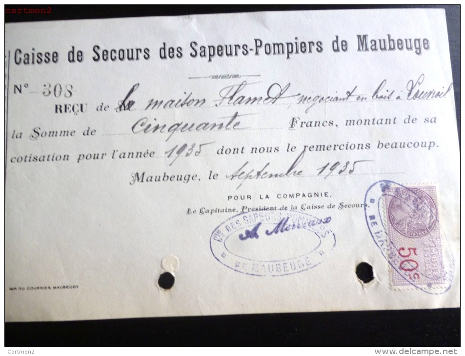 MAUBEUG CAISSE DE SECOURS DES SAPEURS-POMPIERS TIMBRE FISCAL RECU 50 FRANCS POMPIER 59 NORD - Non Classés