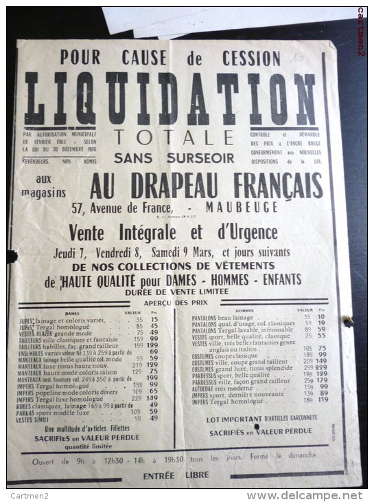 MAUBEUGE FACTURE PUBLICITE " AU DRAPEAU FRANCAIS " 57 AVENUE DE FRANCE TEXTILE SOLDE VETEMENT MODE 59 NORD - 1900 – 1949