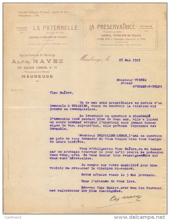 MAUBEUGE FACTURE LA PATERNELLE LA PRESERVATRICE ALPHONSE NAVEZ 11 RUE D'ALSACE LORRAINE ASSURANCE 59 NORD - 1900 – 1949