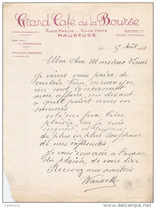 MAUBEUGE FACTURE GRAND CAFE DE LA BOURSE PLACE MABUSE PACE VERTE LAHANIER-WARNOTTE BIERE HAT DE CRONENBOURG - 1900 – 1949