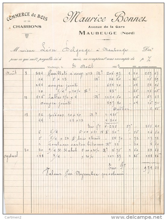 MAUBEUGE FACTURE MAURICE BONNET COMMERCE DE BOIS ET DE CHARBONS AVENUE DE LA GARE 59 NORD - 1900 – 1949