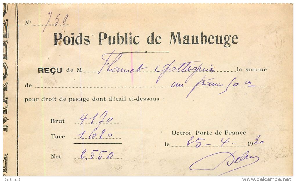 MAUBEUGE FACTURE DE POIDS-PUBLICS RECU FACTURE BON DE PESEE HERMEL-MOURET 15 ROUTE D'AVESNE - 1900 – 1949