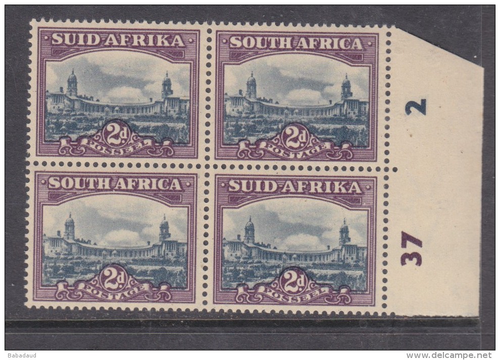 South Africa,1950, 2d Slate &amp; Purple, Control Block Og 4, 37 - 2, Lower Pair MNH **, Hinge Remnant On Top - Unused Stamps