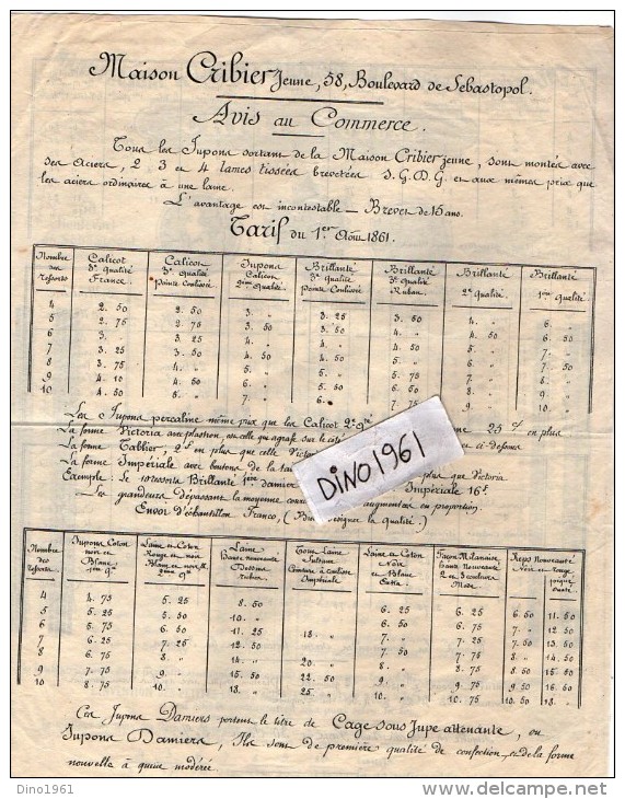 VP3487  - Document Commercial - Manufacture De Tissue & Fabrque De Ressorts Pour Jupons CRIBIER Jeune à PARIS - 1800 – 1899