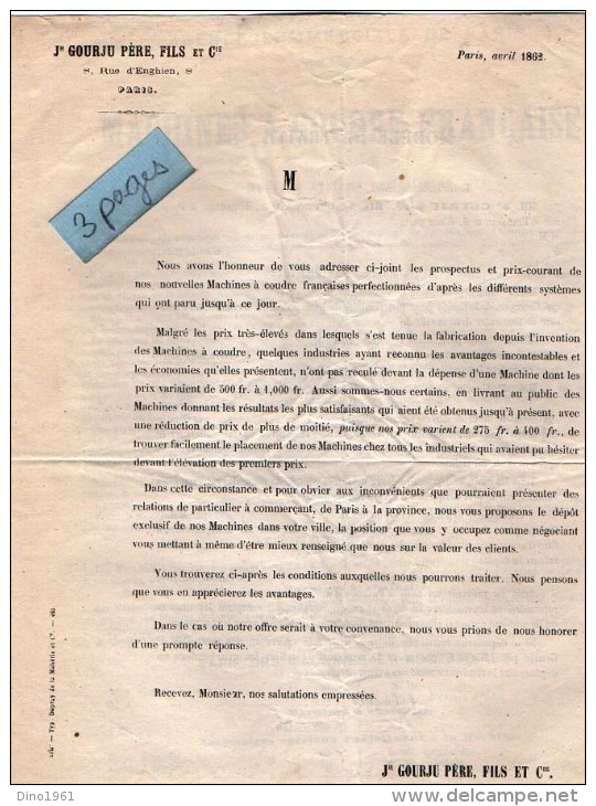 VP3498 - Document Commercial - Machines A Coudre Françaises J.GOURJU Père & Fils à PARIS Rue D´Enghien - 1800 – 1899