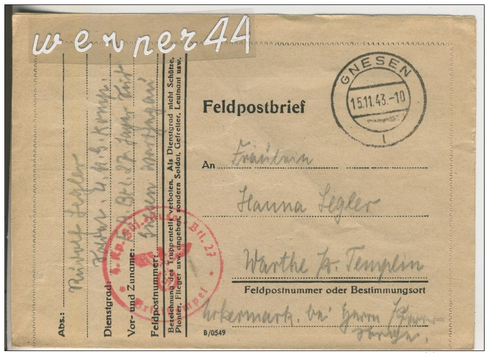 Gnesen / Warthegau V. 13.1.1944  Nach Warthe Kr. Templin  (46527) - Posen