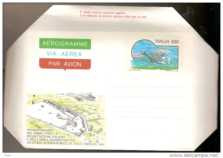 Italy ** & Aérogramme, Via Aerea, 70 Aniversário Del Primo Aerero A Progettazione Italiana , Brescia 1909-1979 - Poste Aérienne