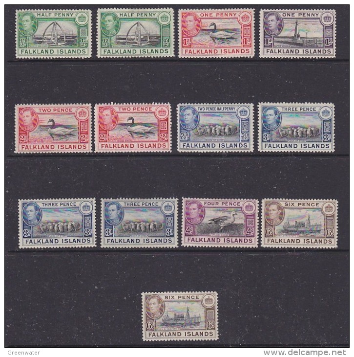 Falkland Islands 1938 King George VI Pictorials 13v Mh (= Mint, Hinged) (FI1008B) - Falklandeilanden