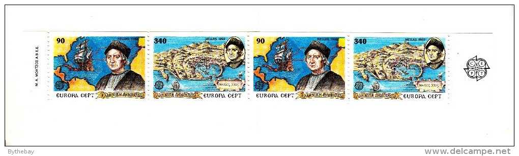 Greece Booklet Scott #1739c Pane Of 2 Pairs: Columbus, Map Of Atlantic, Chios - Discovery Of America - Europa 1992 - Carnets