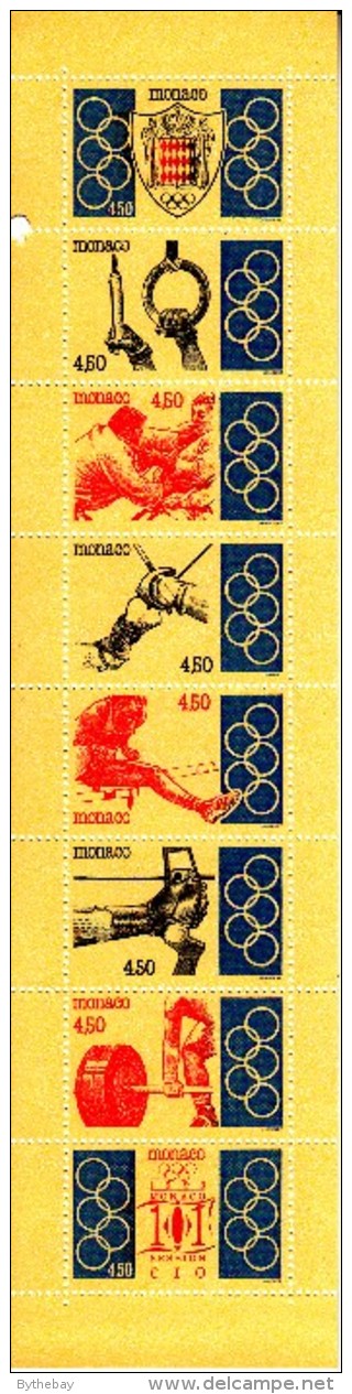 Monaco Booklet Scott #1879a Pane Of 8 4.50fr Emblem, Gymnastics, Judo, Fencing, Hurdles, Archery, Weights - 101st - Carnets