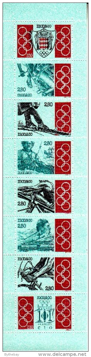 Monaco Booklet Scott #1871a Pane Of 8 2.80fr Emblem, Bobsled, Skiing, Sailing, Rowing, Swimming, Cycling - 101st - Carnets