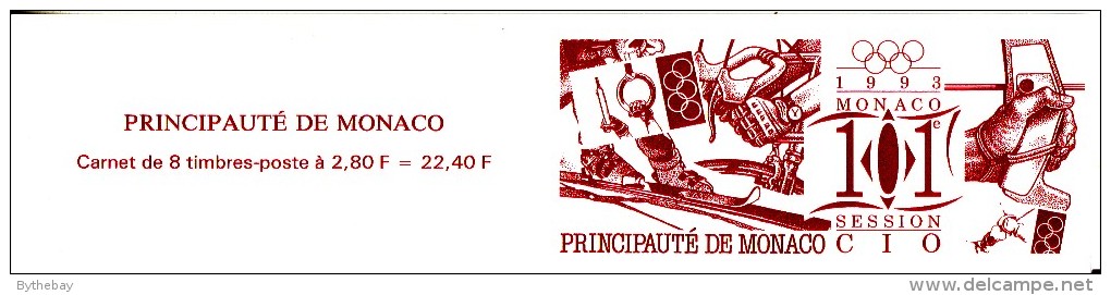 Monaco Booklet Scott #1871a Pane Of 8 2.80fr Emblem, Bobsled, Skiing, Sailing, Rowing, Swimming, Cycling - 101st - Postzegelboekjes