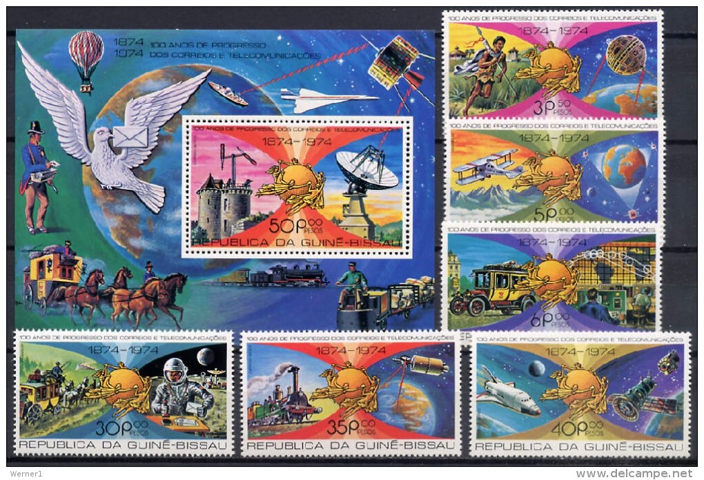 Guinea-Bissau 1977 UPU Centenary, Space, Aviation, Trains Set Of 6 + S/s MNH - Africa