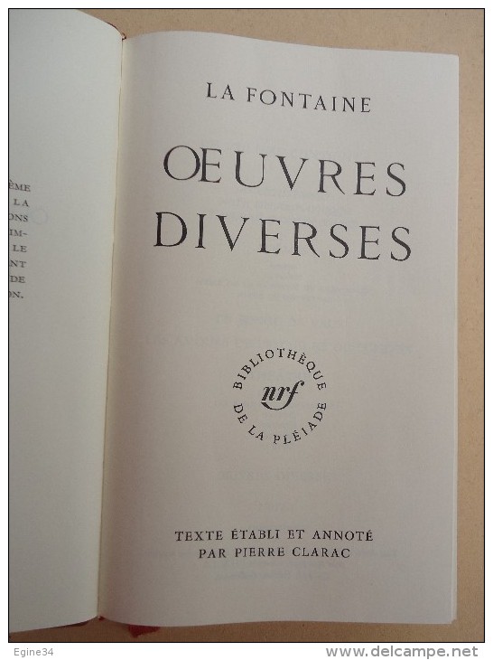 Bibliothèque De La PLEIADE No 62 - LA FONTAINE - Oeuvres Diverses - Tome II - La Pléiade