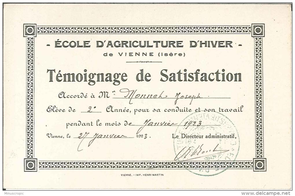 38 - Vienne - Ecole D'Agriculture D'Hiver - Témoignage De Satisfaction - 1923 - Diplômes & Bulletins Scolaires