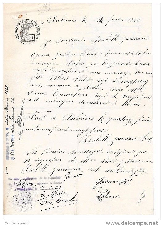 CONSENTEMENT    De  1922  -  à  AUBRIVES  - Ardennes ( 08 ) - Autres & Non Classés