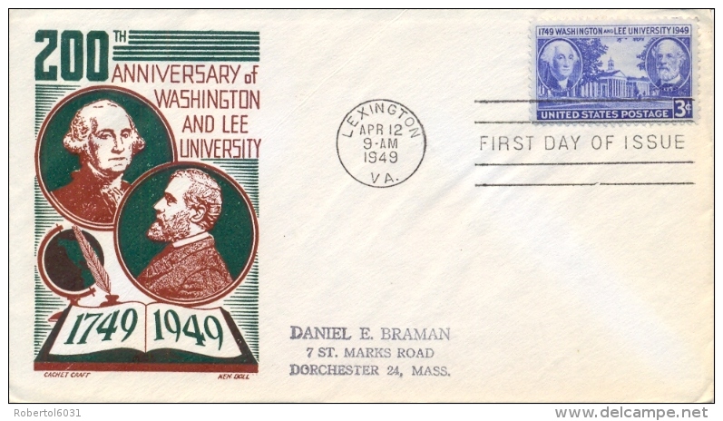 USA 1949 FDC 200th Anniversary Of Washington And Lee University Of Lexington - George Washington