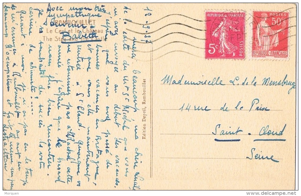 17188. Postal RAMBOUILLET (seine Et Oise) 1937. Le Cerf Et Le Chateau - Cartas & Documentos