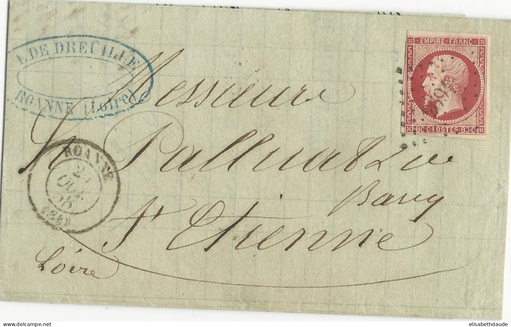 1858 - 80c NON DENTELE SEUL SUR LETTRE 3° ECHELON De ROANNE (LOIRE) Pour ST ETIENNE - 1853-1860 Napoleon III