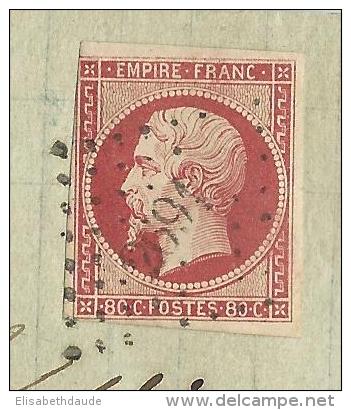 1858 - 80c NON DENTELE SEUL SUR LETTRE 3° ECHELON De ROANNE (LOIRE) Pour ST ETIENNE - 1853-1860 Napoleon III
