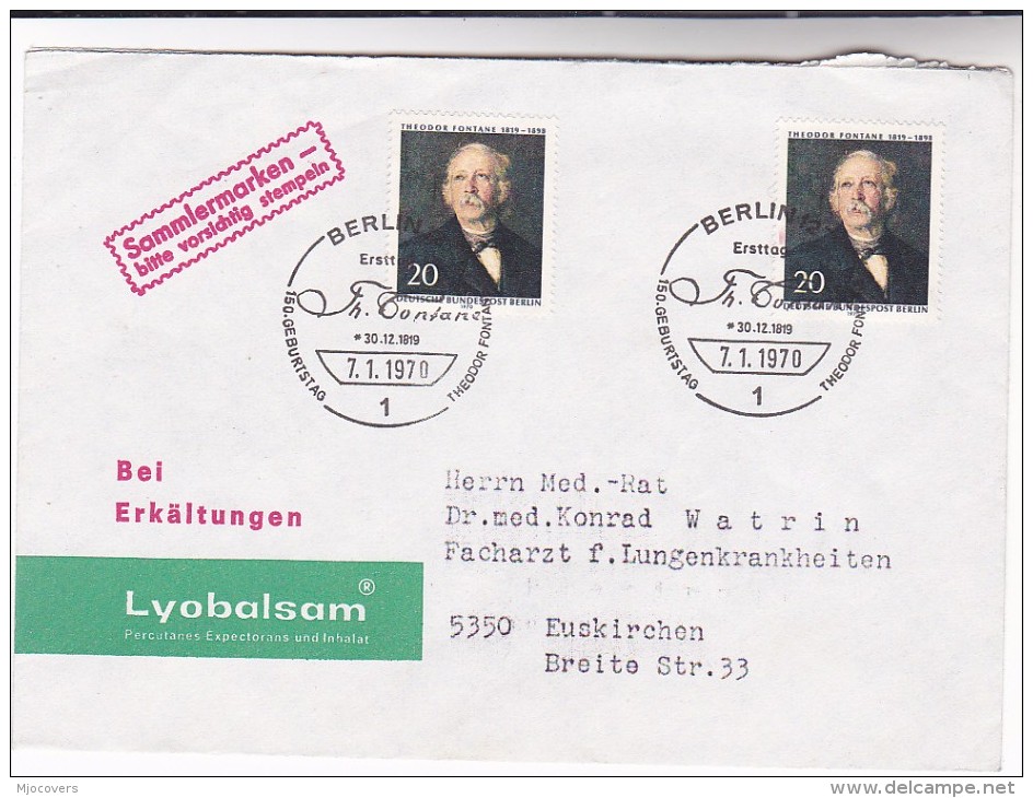 1970 GERMANY FDC  Theodor Fontane ADVERT COVER LYOBALSAM PHARMACUETICALS Pharmacy To DOCTOR  Health Medicine Poet Stamps - Pharmacie