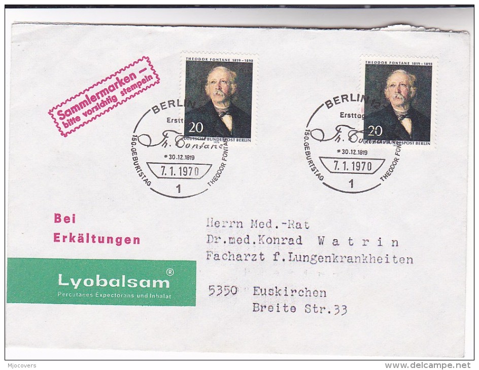 1970 GERMANY FDC  Theodor Fontane ADVERT COVER LYOBALSAM PHARMACUETICALS Pharmacy To DOCTOR  Health Medicine Poet Stamps - Pharmacy